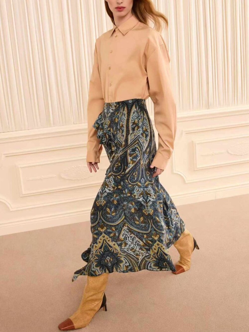 Ulla John Riele Cascading Ruffle Silk Skirt Floral A-Line Midi Prussian 4/6/10